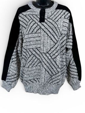 Vintage Juice Leather & Acrylic Knit Geometric Print Grandpa Sweater